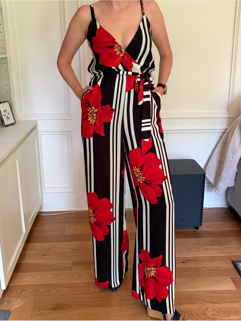 Boutique Striped Black & White Jumpsuit w/ Red Floral Print and pockets sz Small